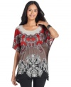 This poncho-style petite tunic features a vintage-inspired print and a flattering empire-waist. Wear it with jeans or leggings for a relaxed look.