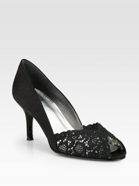 Exquisite chantilly lace is highlighted by tonal Swarovski crystal detail in a classic peep-toe design. Self-covered heel, 2½ (65mm)Chantilly lace upperSwarovski crystal detailLeather lining and solePadded insoleImported