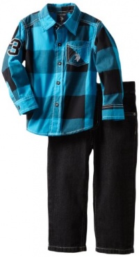 U.S. POLO ASSN. Boys 2-7 Plaided Shirt with Jean, Teal, 4T