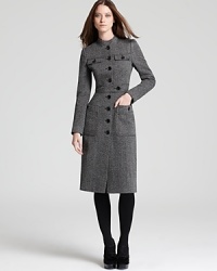 A military-inspired Burberry London tweed coat marries fashion and function for the ultimate in high style. Cinched at the waist, the figure-flattering silhouette embraces the season's feminine trend with a modern sensibility.