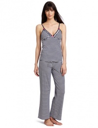 Betsey Johnson Women's Yarn Dye Cotton Pajama Set, Going On Stripe White/Navy Seals, Medium