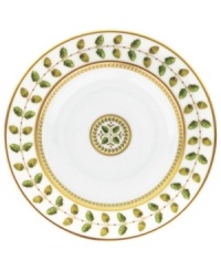 For any elegant holiday affair the Bernardaud Constance Dinnerware Collection makes for timeless presentation of your seasonal fare. Ornate design inspired by the Empire Period with gold outlined acorn and oak leaves that symbolize strength and longevity. A dash a sage rims each piece behind a golden laurel vine while touches of red with gold trim further complement the pattern.