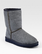 Infused with signature shearling lining, this denim-like painted suede design has shearling trim and a rubber sole for traction. Shaft, 8Leg circumference, 14Shearling and painted suede upperPull-on styleShearling liningRubber solePadded insoleImported