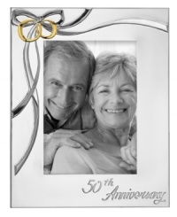 Golden anniversary. Look back on 50 years together with this Best Wishes picture frame, featuring polished silver plate embellished with goldtone detail and 50th Anniversary. A thoughtful gift, from Lenox.