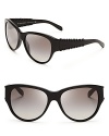 Burberry amps up the fashion quotient for these on-trend, cat eye sunglasses with whipstitch-style leather side details.