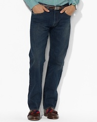 Light whiskering and subtle distress at the pockets and legs lend this classic denim pant an authentic vintage feel.