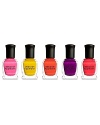 This set includes a range of juicy, bright neon lacquers that complement each other perfectly, so Deborah Lippmann loves the idea of mixing and matching the shades on your fingers and toes. Try wearing a different color on each nail, or paint all of your fingers one shade and keep the ring fingers contrasting. You can create a variety of looks and it's a great way to get into the nail art trend – so don't be intimidated, anything goes! Each of these shades has a modern demi matte finish, which I love. You can keep the texture by using my Flat Top, matte top coat, or top the color with On A Clear Day to add gloss. Your options are endless.Set includes I Kissed A Girl, It Girl, Hollaback Girl, Nasty Girl, Party Girl. Five bottles at 8mL.