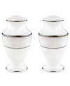 This elegant salt shaker is accented with a delicate flourish of vine-like, white-on-white imprints with raised, iridescent enamel dots. From Lenox's dinnerware and dishes collection.