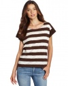 Jones New York Women's Lace Stripe Open Crew Neck Tee, Cocoa/Sugar, Medium