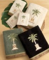 Bring a tropical touch to your powder room with Avanti Banana Palm Towels. Intricately embroidered potted palm and sleek satin trim. Made of softest 100% sheared cotton velour.