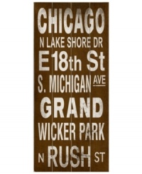 The Windy City is spelled out in all its glory on this vintage-style Chicago transit sign, featuring distressed birch wood and bold type in brown and white.