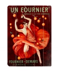 Full of spirit, this vintage Un Fournier ad-turned-art sells orange curacao with good times. A wooden ground gives the sign an old-world look that, along with the joyful illustration, accent any wall with captivating style.