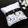 Black and White Wedding Ring Pillow With Bow & Silver Rhinestone