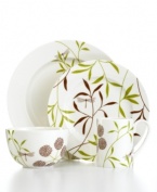 A thoroughly modern beauty, the Garden Glimmer place settings from Martha Stewart Collection balance smart and striking design with a stylized botanical pattern in ultra-sturdy porcelain. (Clearance)