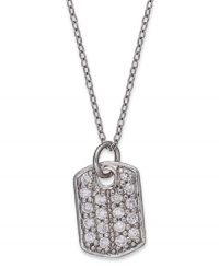 Bring on the bling! B. Brilliant's trendy dog tag necklace gets a glittering touch from round-cut cubic zirconias (1/5 ct. t.w.). Crafted in sterling silver. Approximate length: 18 inches + 3-inch extender. Approximate drop length: 5/8 inch. Approximate drop width: 1/4 inch.