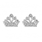 .925 Sterling Silver Rhodium Plated Crown CZ Stud Earrings with Screw-back for Children & Women