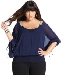 Toast the weekend in style with Baby Phat's three-quarter-sleeve plus size top, featuring embellished shoulders.