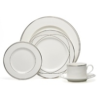 Vows rimmed soup bowls by Lauren Ralph Lauren Home. Inspired by graceful curves of wedding rings, this elegant dinnerware line features interconnected platinum bands on the finest bone china. Makes a stunning table for any special occasion.