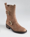 With moto-boot details, this downtown, double-buckled boot feels more feminine with a soft, almond-shaped toe.