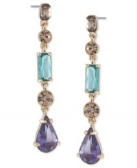 Different styles dazzle in these linear earrings from Carolee. Crafted from gold-tone mixed metal, the pair features multicolor glass and epoxy stones for a fashion infusion. Approximate drop: 2-1/8 inches.