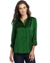 Vince Camuto Women's Long Sleeve High Low Henley Blouse, Rich Green, Medium