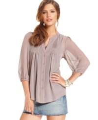 Add a floaty, feminine element to your fall look with this Bar III chiffon blouse -- perfect for layering against heavier, cold-weather fabrics!