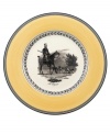 Mix and match, choosing dinner plates from four patterns of black-and-white French country scenes and designs on white porcelain banded in yellow. From Villeroy & Boch.