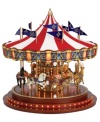 Beautiful hand painted animals go round and round while a plethora of flags move up and down in this innovative Anniversary Carousel from Mr. Christmas. With illuminated panels, a musical light show with LED lights and a classic peaked fabric roof, this piece is sure to become a Christmas classic in your home. Plays 20 Christmas carols and 20 year-round classics.