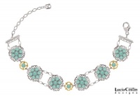 Victorian Style.925 Sterling Silver Bracelet by Lucia Costin with Mint Blue Swarovski Crystals and Filigree Elements, Set with 24K Yellow Gold over .925 Sterling Silver 4 Petal Flowers and Dots