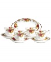 An English classic. With the same colorful blossoms, fine bone china and lustrous gold banding of Old Country Roses dinnerware, Royal Albert's expansive hostess set sets a tone of traditional elegance. Perfect for afternoon tea.