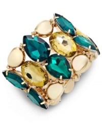 Beautiful drops of color create a lovely bracelet from Bar III. Teardrop-cut acrylic stones in rich hues are paired with golden metal beads for a match made in heaven. Stretches to fit wrist. Crafted from antiqued gold tone mixed metal. Approximate diameter: 2-1/2 inches.