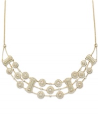 As light and airy as lace, this clever bib-style necklace is the ultimate indulgence. Round-cut diamonds (1-1/4 ct. t.w.) are interspersed throughout a three-row 14k gold setting. Approximate length: 13-1/2 inches.