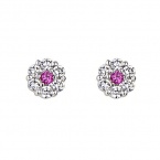 .925 Sterling Silver Rhodium Plated Flower Pink CZ Stud Earrings with Screw-back for Children & Women