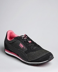 Fast and totally fashionable, PUMA updates their classic running shoe in glorious glitter and colorful trim and accents.