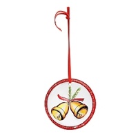 Designed by Swedish artist Olle Brozen, this handcrafted glass ornament from Kosta Boda features a festive bell design in vibrant holiday hues. It hangs from a red ribbon.