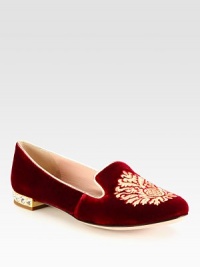 Embroidered velvet design with metallic leather trim and a slight heel with jewel detail. Velvet upper with metallic leather trimLeather lining and solePadded insoleMade in ItalyOUR FIT MODEL RECOMMENDS ordering one half size up as this style runs small. 