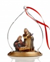 Covered by a clear, opulent glass dome, Mary and Joseph adore their newborn son in this ornament to be treasured for years to come.