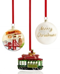 Keep San Francisco in sight all season long. An iconic cable car adorned with glitter and bells and an ornament featuring much-loved landmarks evoke the city by the bay. Disk ornament shown front and back.