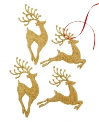 Reindeer a-leaping. Four golden reindeer bound through your tree with a coat of gold glitter that'll shine bright from any bough.