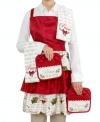 Extend holiday cheer to the kitchen with this three-tiered Christmas Peace and Joy apron. Words of inspiration and holiday greens contrast red holly damask to inspire busy holiday chefs.