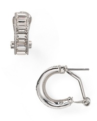 Timeless baguette-centered plaques drip from post backs on this pair of Carolee hoop earrings, crafted of plated metal.