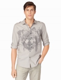 Get our of your boring button-down rut with this cool animal graphic military shirt by Calvin Klein Jeans.