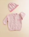 A cozy set for the precious one in soft cotton. Includes cardigan and matching hat Pearlized button front Cotton; machine wash Made in USASIZING GUIDEXX-Small = 6-9 monthsX-Small = 12-18 monthsSmall = Size 2-4Medium = Size 6-8Large = Size 10FOR PERSONALIZATION Select a quantity, then scroll down and click on PERSONALIZE & ADD TO BAG to choose and preview your monogramming options. Please allow 4-6 weeks for delivery.