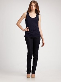 Two layers of modal jersey for double the softness. Scoopneck Sleeveless Modal; dry clean Imported