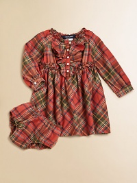 A festive plaid pattern graces this adorable button-front shirt dress, featuring a sweet ruffle trim and flared hem.Ruffled round necklineLong sleeves with barrel cuffsRuffled button-frontFlared hemCottonMachine washImported Please note: Number of buttons may vary depending on size ordered. 