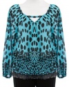 Shiloh Aqua Chiffon Animal Print Smocked Long Sleeve Shirt Top Medium