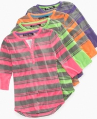 Jeweled buttons and bright stripes dress up this henley tee from Planet Gold.