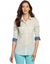 BCBGeneration Women's Shark Print Woven Button Up Shirt With Contrast Denim, Aqua Combo, XX-Small