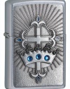 Zippo Street Chrome Crown and Cross Lighter with Blue Crystal, Silver, 5 1/2 x 3 1/2cm