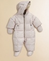 Keep baby snug in this puffy, zip-front, check-lined snowsuit with attached hood, slash pockets, detachable mittens and footies.Attached hoodLong sleeves with detachable mittensZip front and seatElastic cuffs and hemFront slash pockets with snap closureGathered elasticized backDetachable footiesPolyesterMachine washImported